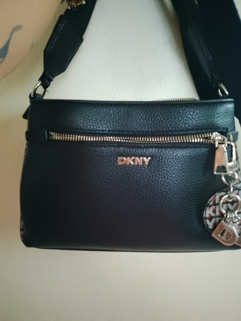 DKNY Black Pebbled Leather Crossbody Bag with Gold Accents